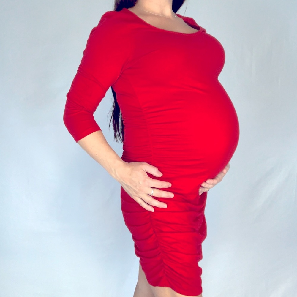 Red maternity rouched midi dress